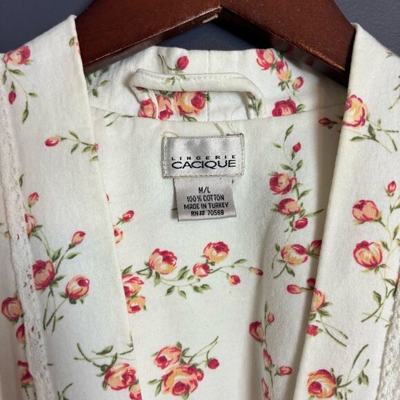 Vintage 90's Cacique 100% Cotton White Rose Floral Belted Tie Robe Size M/L - Picture 4 of 15